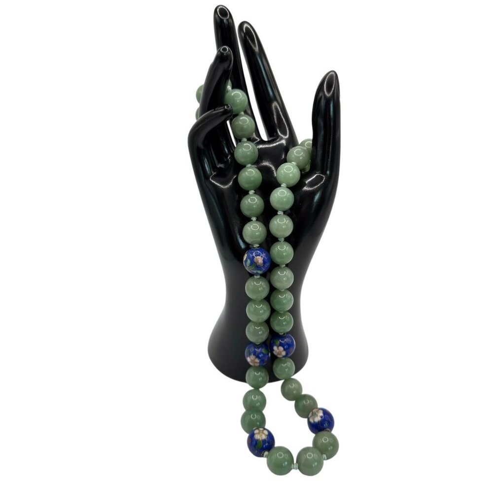 Vintage Chinese Jade & Cloisonné Bead Necklace 24" Nephrite Green Floral Accents - Picture 2 of 12